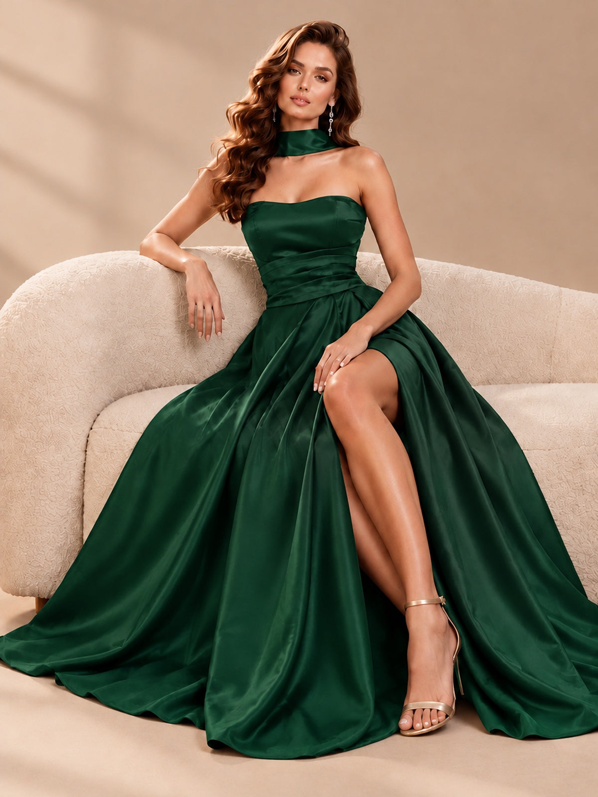 Strapless Prom Dress Side High Slit A-line Formal Dress with Scarf