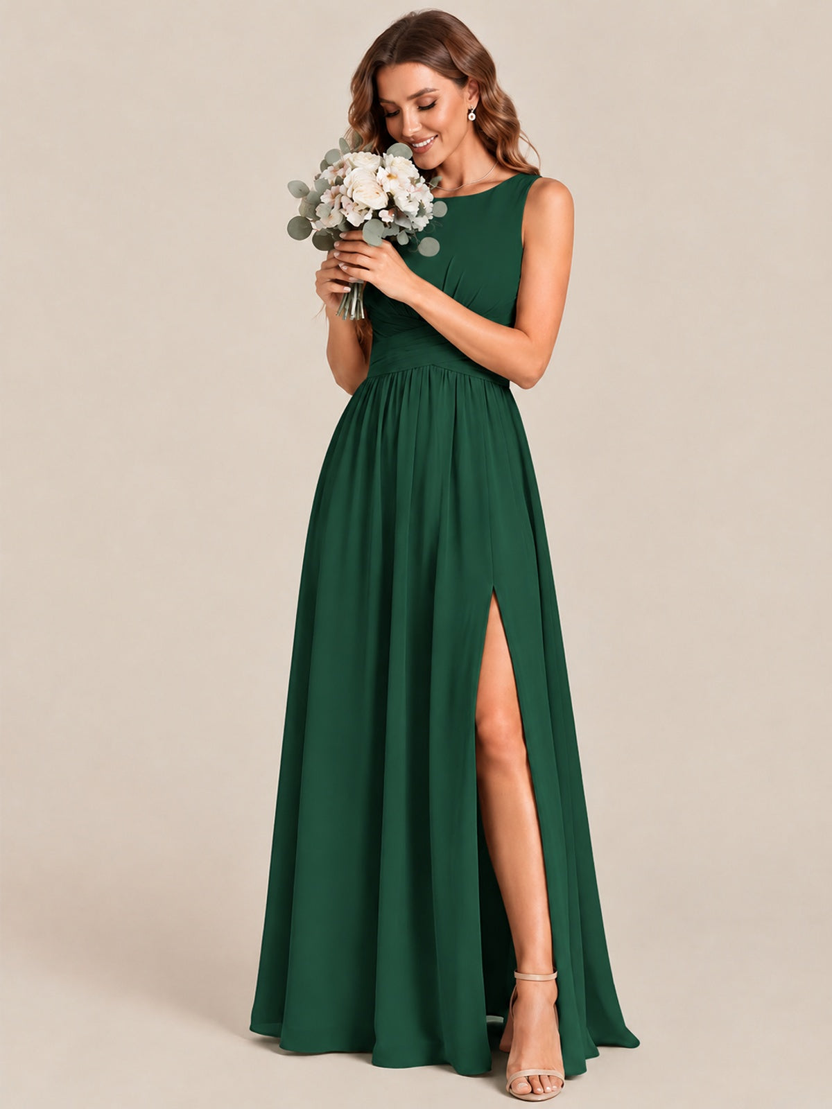A-line Sleeveless Rucehd Chiffon Bridesmaid Dress with High Slit