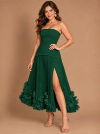 Navy Blue Strapless Pleated A-Line Midi Dress with 3D Floral Applique