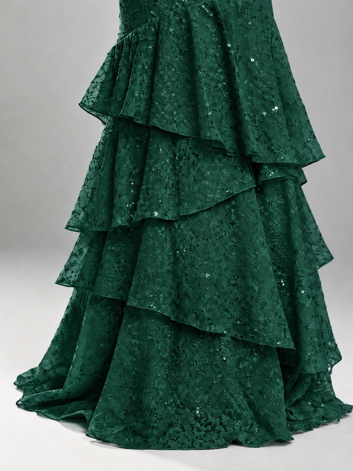 Halter Tiered Mermaid Prom Dress with Sparkly Lace