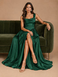 Cowl Neck Pleated Satin Prom Dress with Pockets & Slit Maxi Formal Gowns