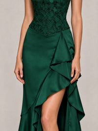 Strapless Lace Appliques Corset Satin Prom Dress Ruffle Slit Evening Gown