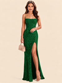 Sequin Lace Appliques Mermaid Prom Dress Spaghetti Strap Formal Gowns with Slit