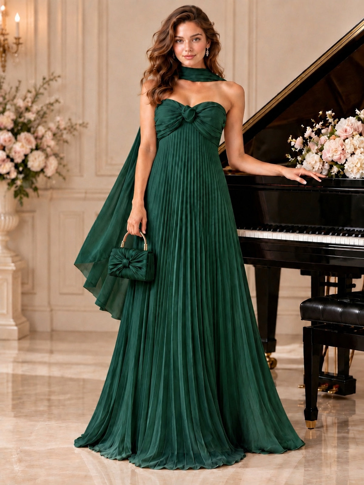 Sweetheart Neckline Pleated Prom Dress Strapless A-line Formal Dress with Flowy Scarf