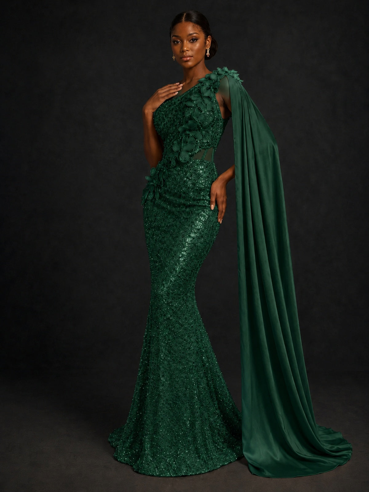 Gold Sequin One Shoulder Mermaid Prom Dress with Cape