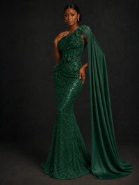 Gold Sequin One Shoulder Mermaid Prom Dress with Cape