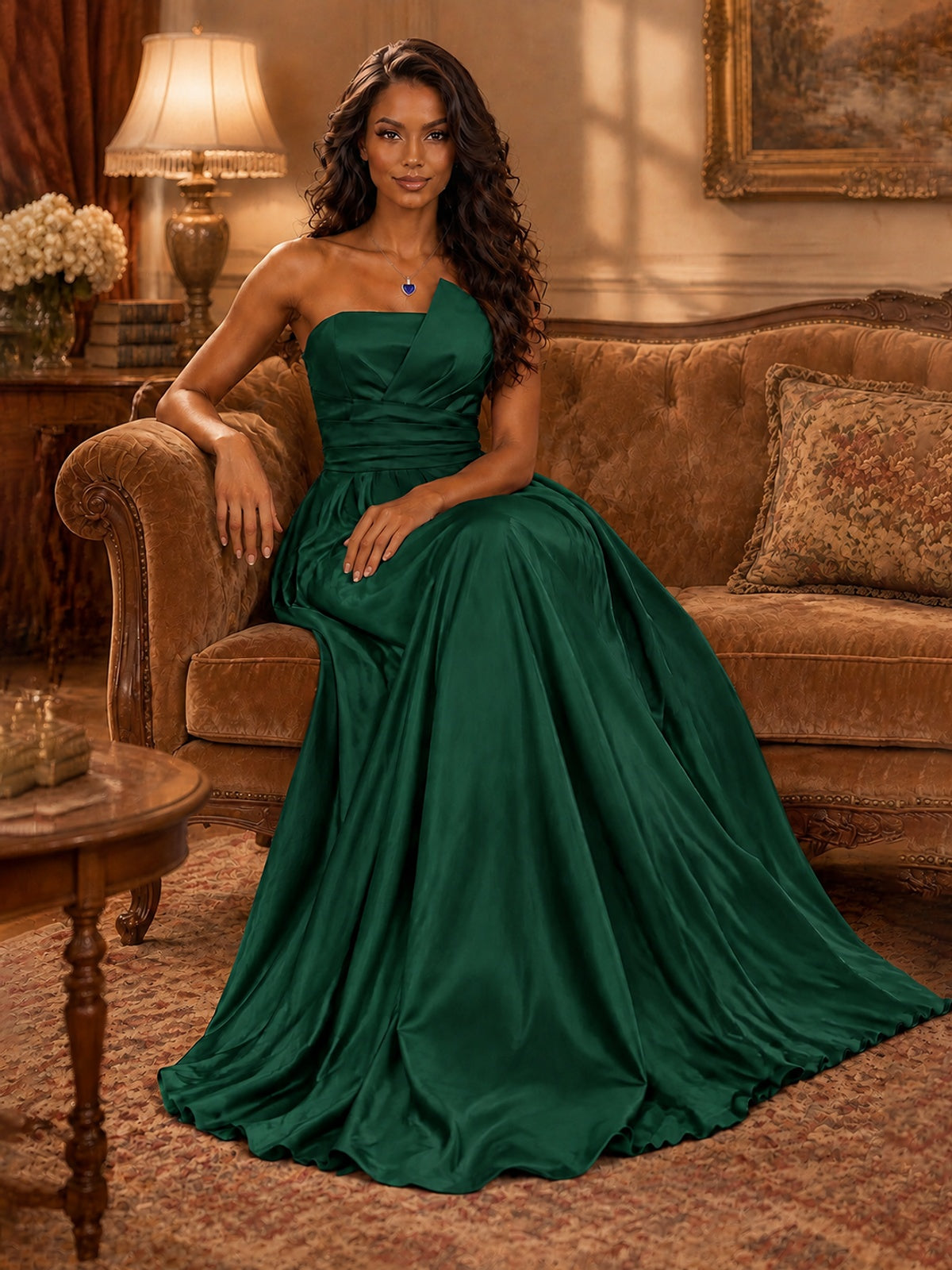 Draped Satin Prom Dress Strapless A-line Formal Dress Floor Length