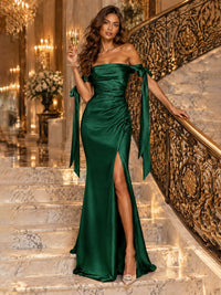 Off The Shuolder Satin Prom Dress Slit Mermaid Formal Gowns
