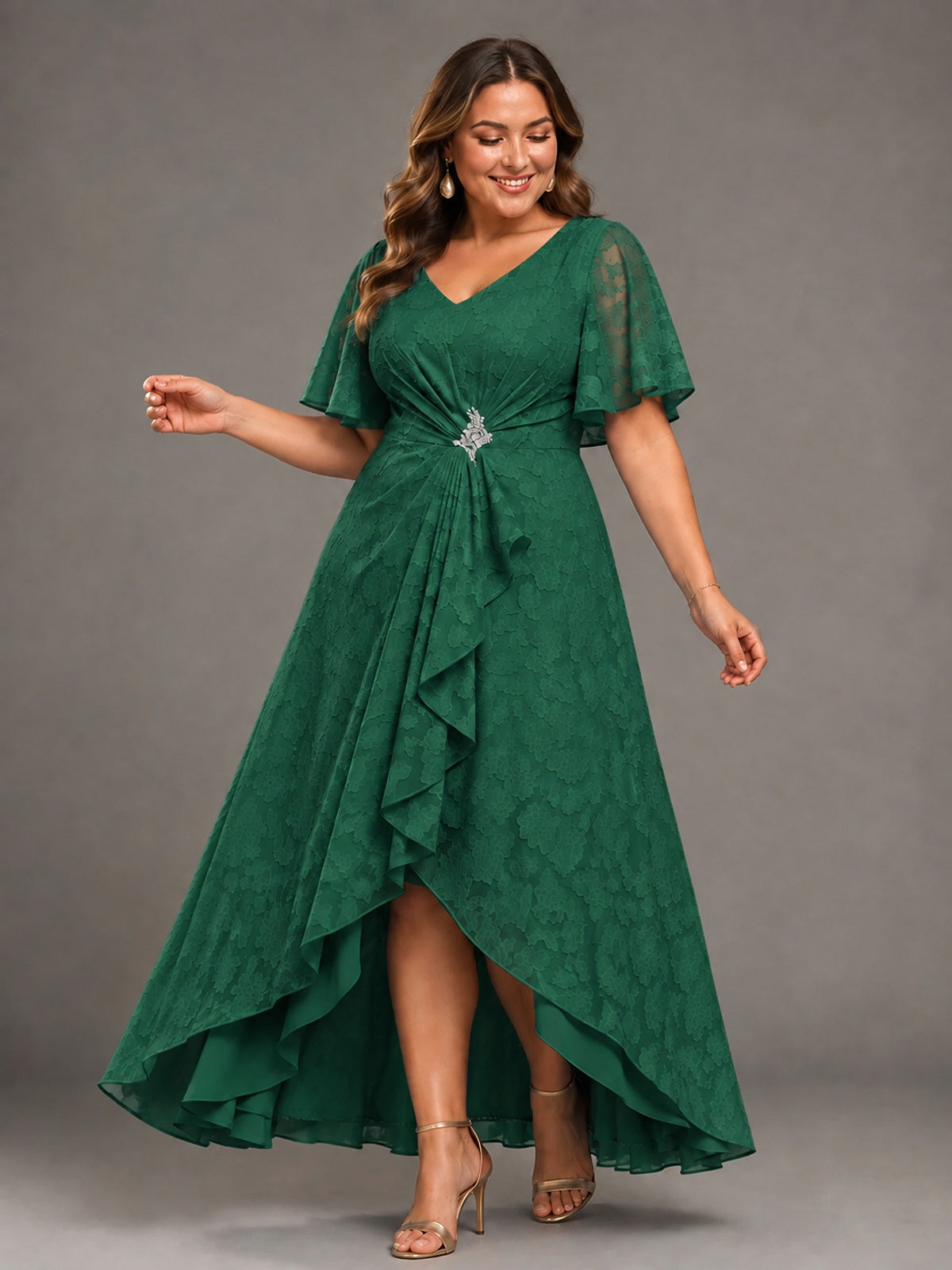 Jacquard Chiffon A-Line V-Neck High-Low Mother of the Bride Dress