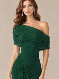 Elegant Draped Off Shoulder Ruched Mermaid Chiffon Formal Evening Gown