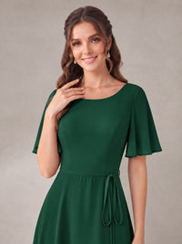 Scoop Neck A-line Chiffon Bridesmaid Dress with Flutter Sleeve & Belt