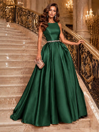 Satin A-Line Prom Dress Sleeveless Beaded Waist Formal Gown with Pockets