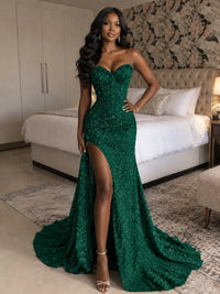 Beaded Sequin Prom Dress Strapless Formal Gowns with High Slit Train