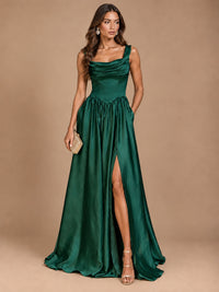 Cowl Neck Pleated Satin Prom Dress with Pockets & Slit Maxi Formal Gowns