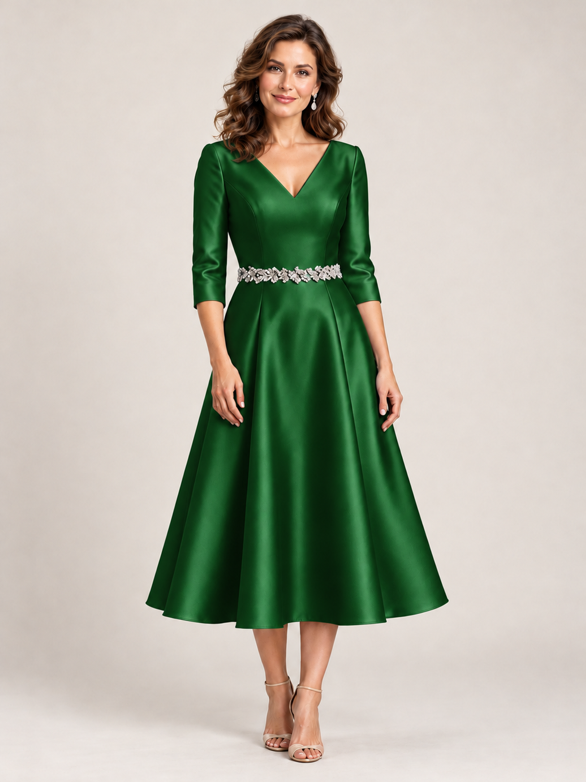 Light Blue V-Neck Tea-Length Mother of the Bride Dress with Embellished Waist