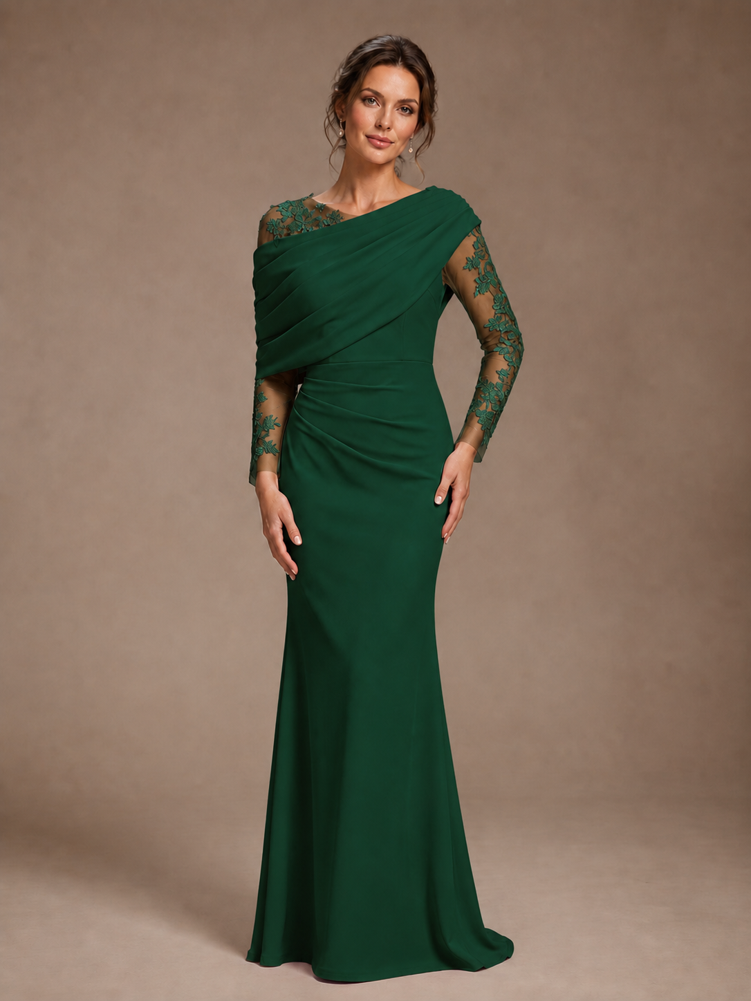 Dusty Rose Illusion Long Sleeve Chiffon Applique Mother of The Bride Dress