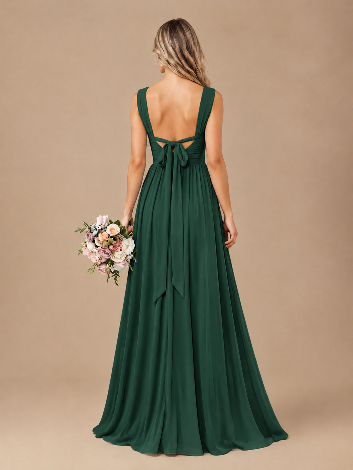 Pleated Chiffon V Neck Wedding Bridesmaid Dresses Floor Length with Slit