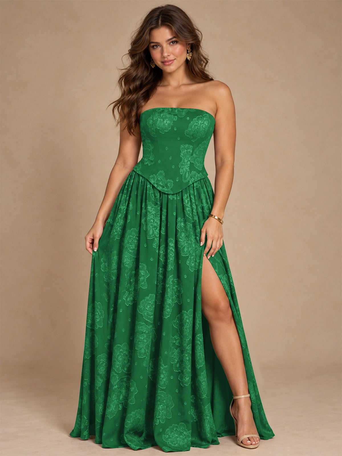 Chocolate Brown Floral Strapless Corset A-Line Evening Gown with Slit