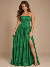 Chocolate Brown Floral Strapless Corset A-Line Evening Gown with Slit