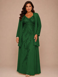 Champagne Beaded Chiffon Mother of the Bride Dress with Jacket V-Neck Gown
