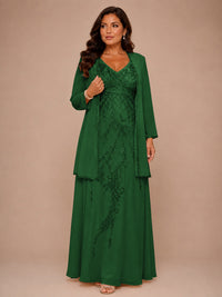 Champagne Beaded Chiffon Mother of the Bride Dress with Jacket V-Neck Gown