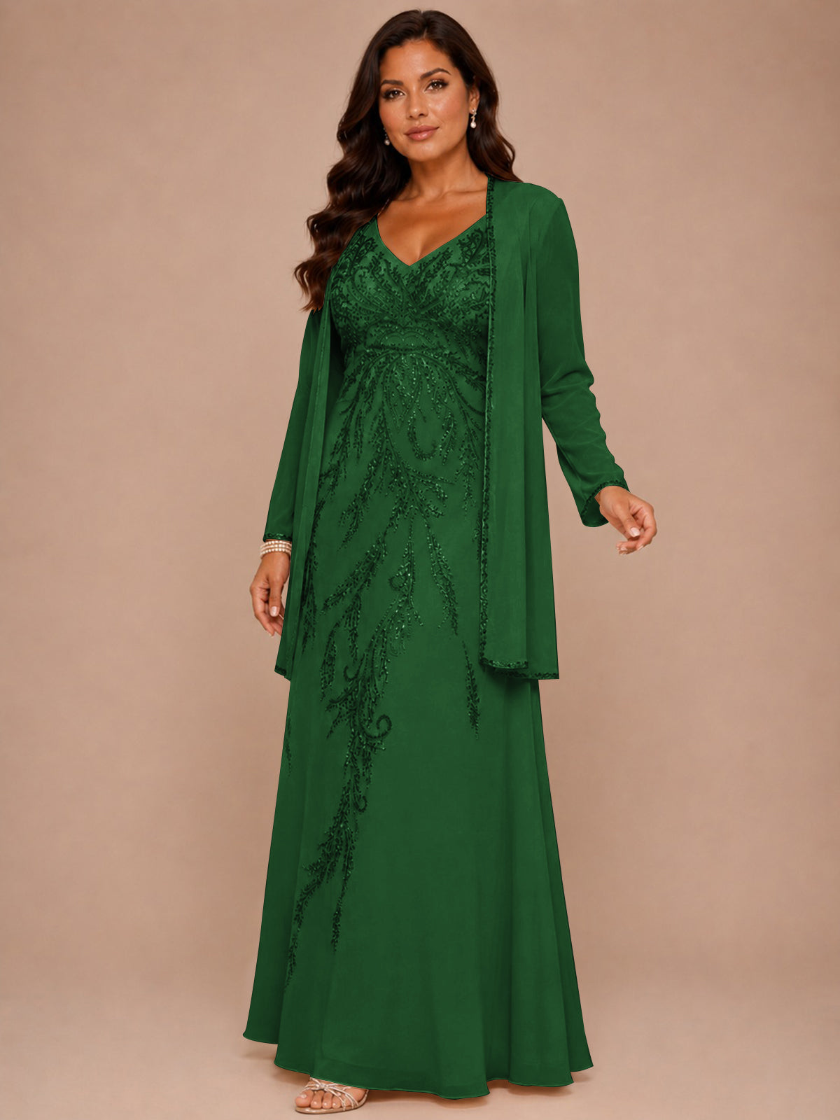 Champagne Beaded Chiffon Mother of the Bride Dress with Jacket V-Neck Gown