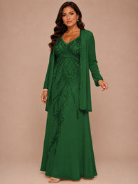 Champagne Beaded Chiffon Mother of the Bride Dress with Jacket V-Neck Gown