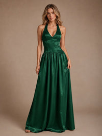 Pink V Neck Halter Satin Maxi Dress