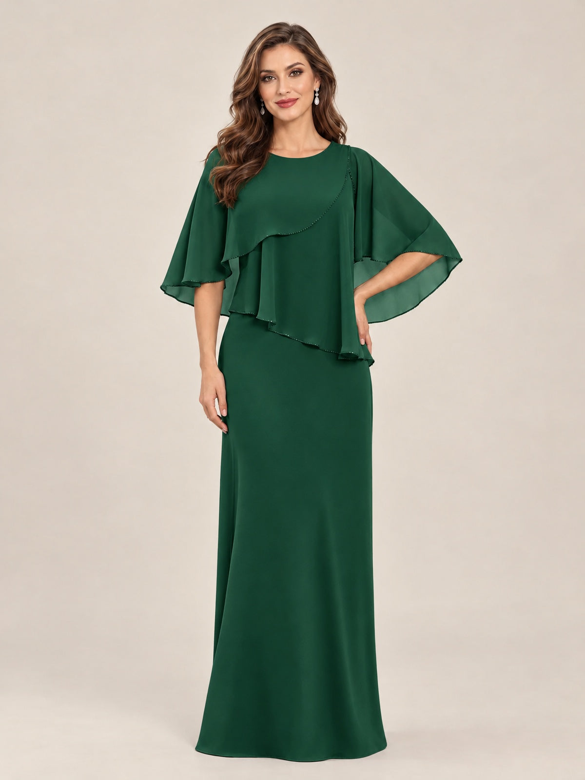 Emerald Green-Chiffon 2 Piece A Line Mother of The Bride Dresses with Cape