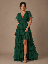 Chiffon V-Neck Tiered Ruffle Bridesmaid Dress with Slit
