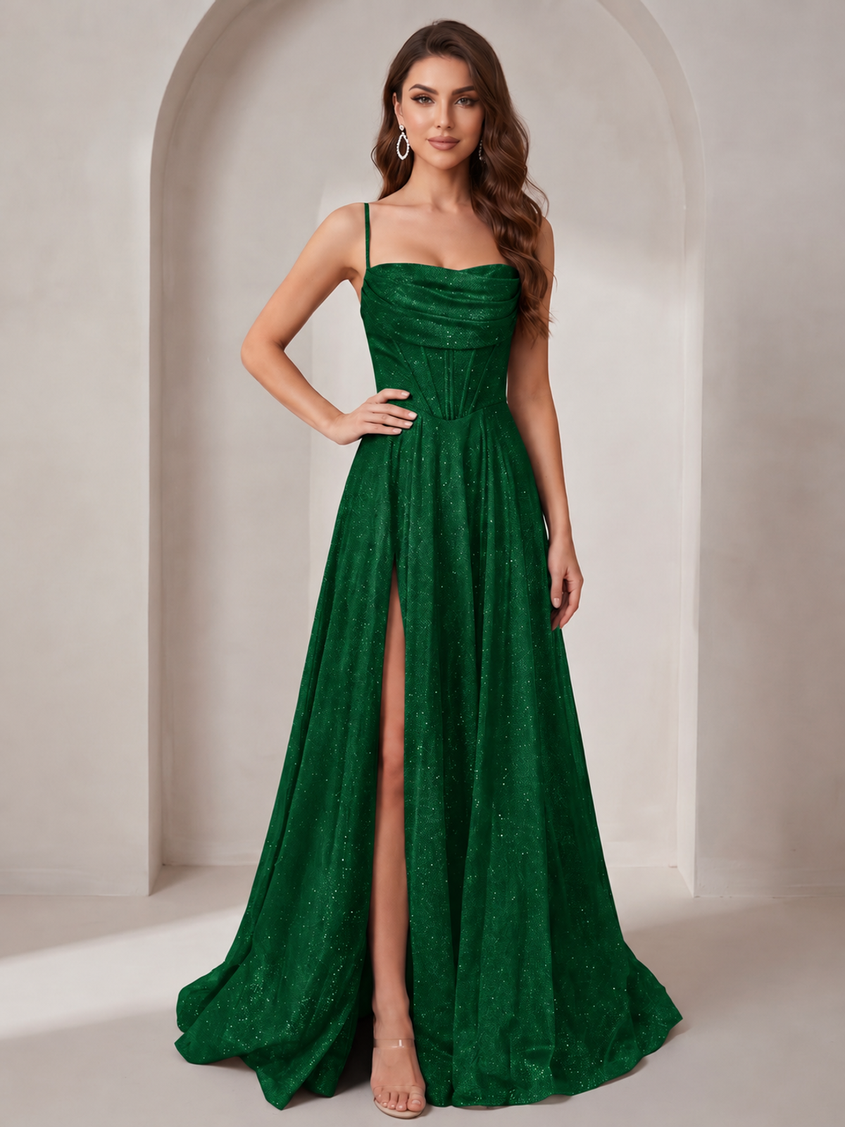 Emerald Green Sparkly Cowl Neck Corset Long Prom Dress with Slit A-line Tulle Ball Gown Formal Evning Party Dress