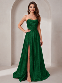 Emerald Green Sparkly Cowl Neck Corset Long Prom Dress with Slit A-line Tulle Ball Gown Formal Evning Party Dress