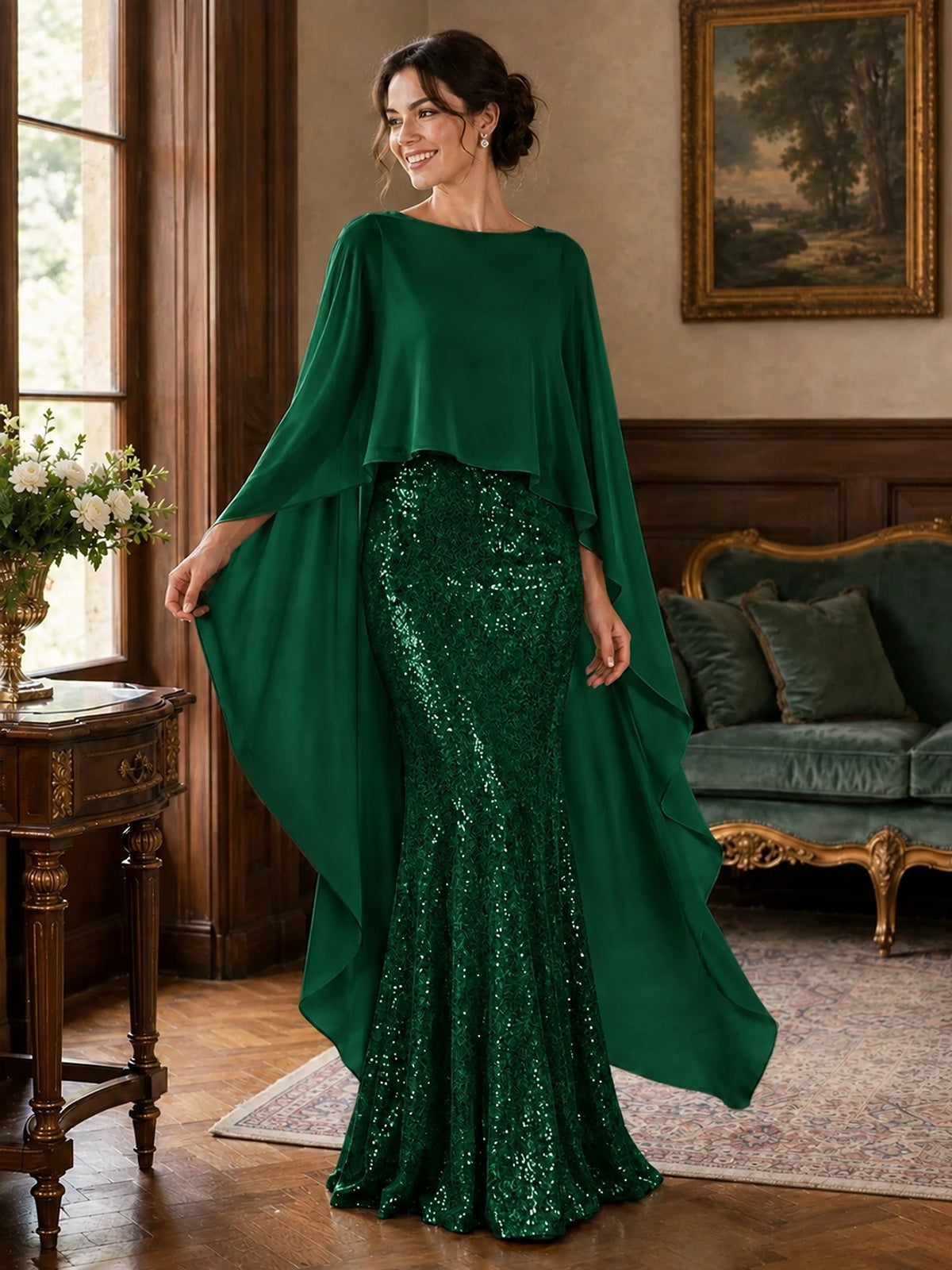 Sequin 2 Pieces Mother of the Bride Dress with Cap Sleeves Chiffon Formal Gowns