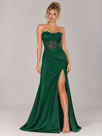 Strapless Satin Prom Dress with Sheer Lace Corset & High Slit