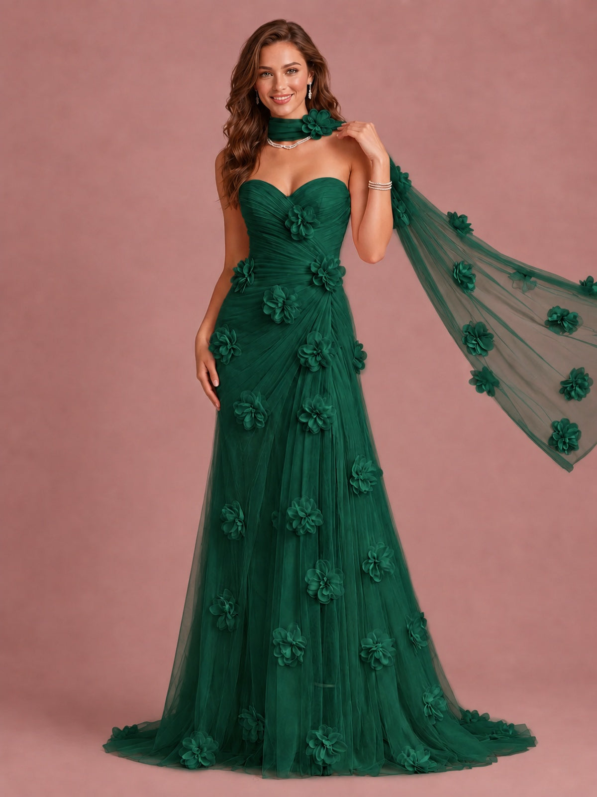 Blush Pink Strapless Sweetheart 3D Floral Tulle Mermaid Prom Dress