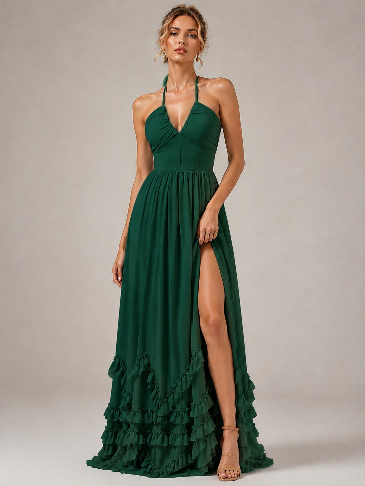 Halter V Neck Chiffon Formal Dress with Lace-Up Back and Ruffle Hem