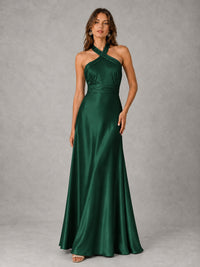 Sage Green Satin A-Line Bridesmaid Dress with Halter Neck