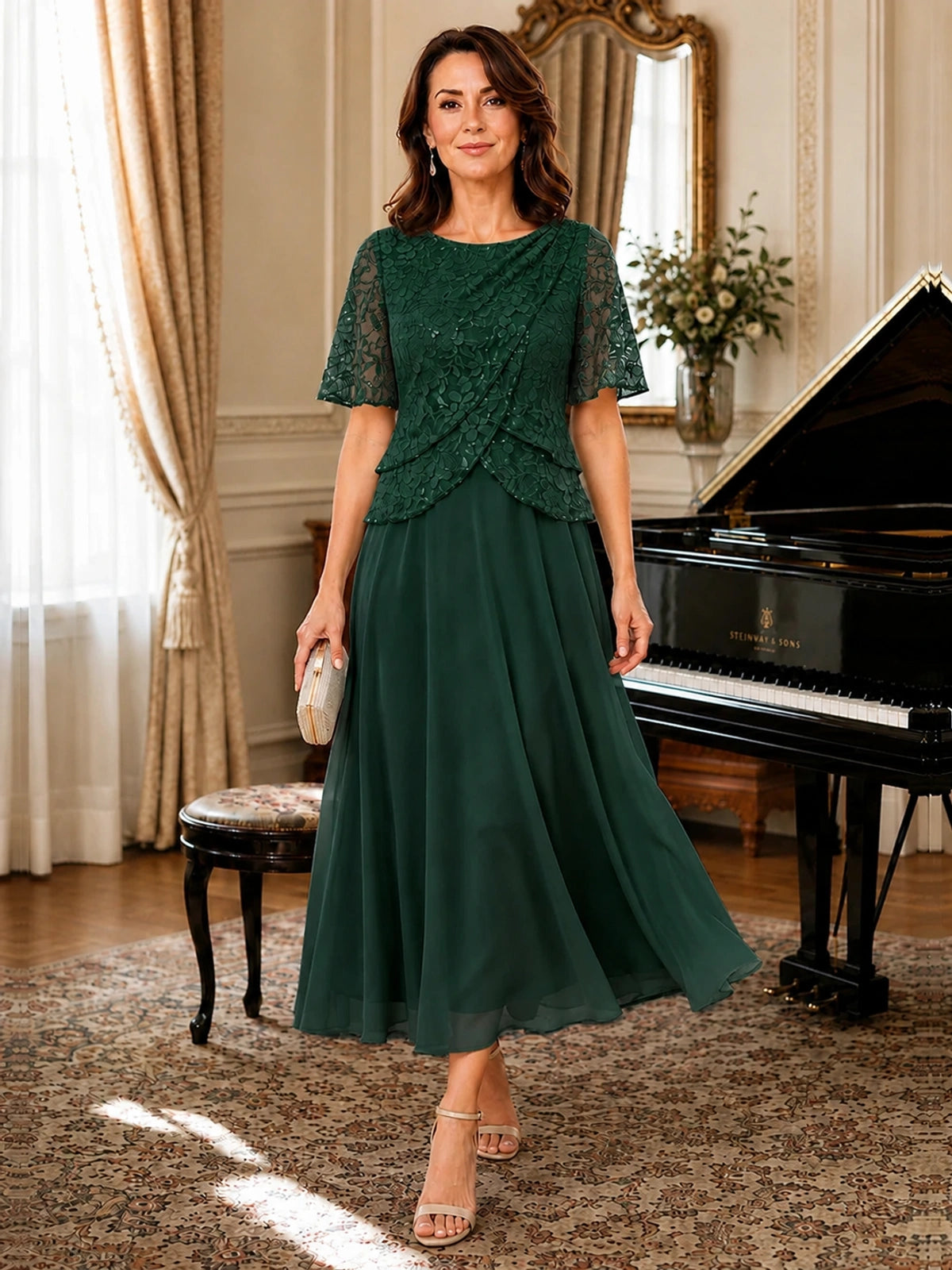 Tea-Length Chiffon Mother of the Bride Dress with Sequin Lace Sleeves