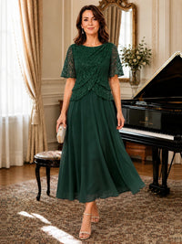 Tea-Length Chiffon Mother of the Bride Dress with Sequin Lace Sleeves
