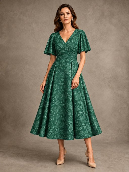 V-Neck Floral Jacquard Tea-Length Mother of the Bride Dress