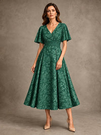 V-Neck Floral Jacquard Tea-Length Mother of the Bride Dress