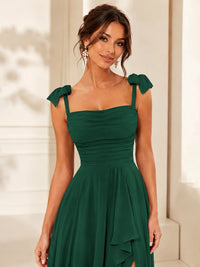 Ruffle Slit Chiffon A Line Scoop Neck Bridesmaid Dresses with Pockets