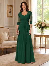 Chiffon Lace Applique Mother of the Bride Dress with 3/4 Sleeves