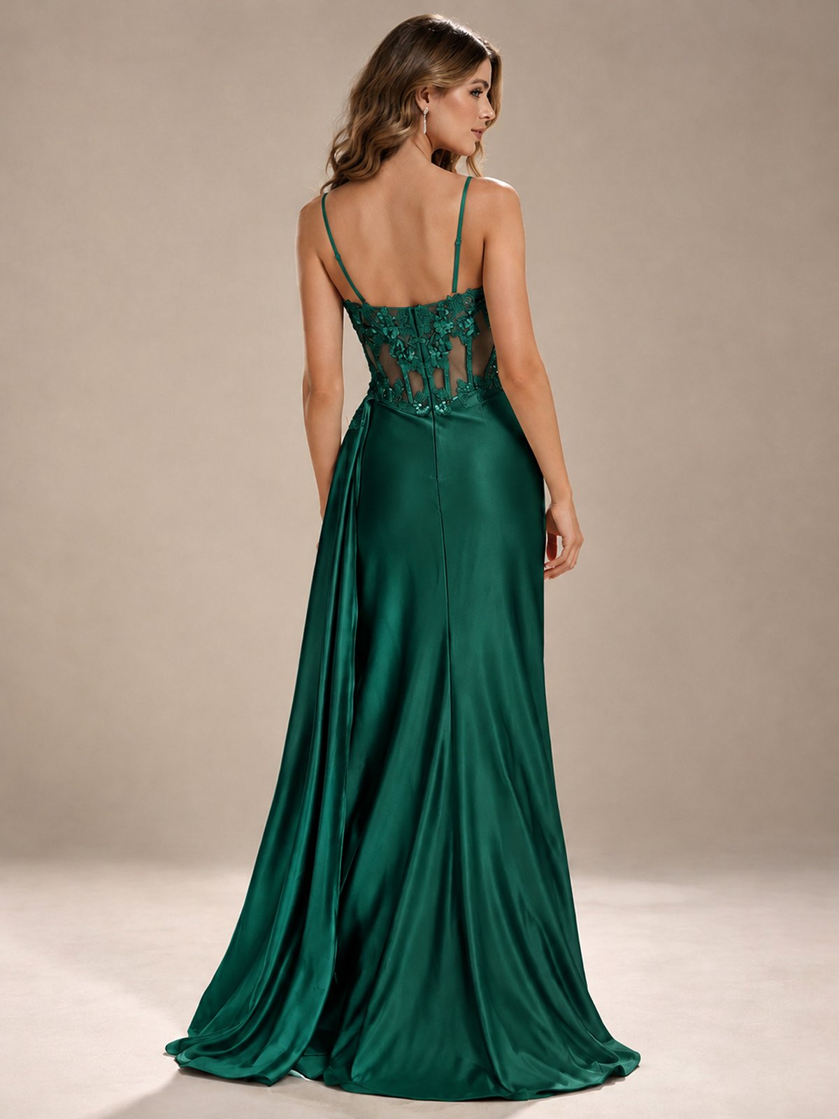 Mermaid Satin Prom Dress with Floral Appliqué Corset and High Slit
