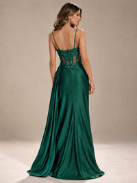 Mermaid Satin Prom Dress with Floral Appliqué Corset and High Slit