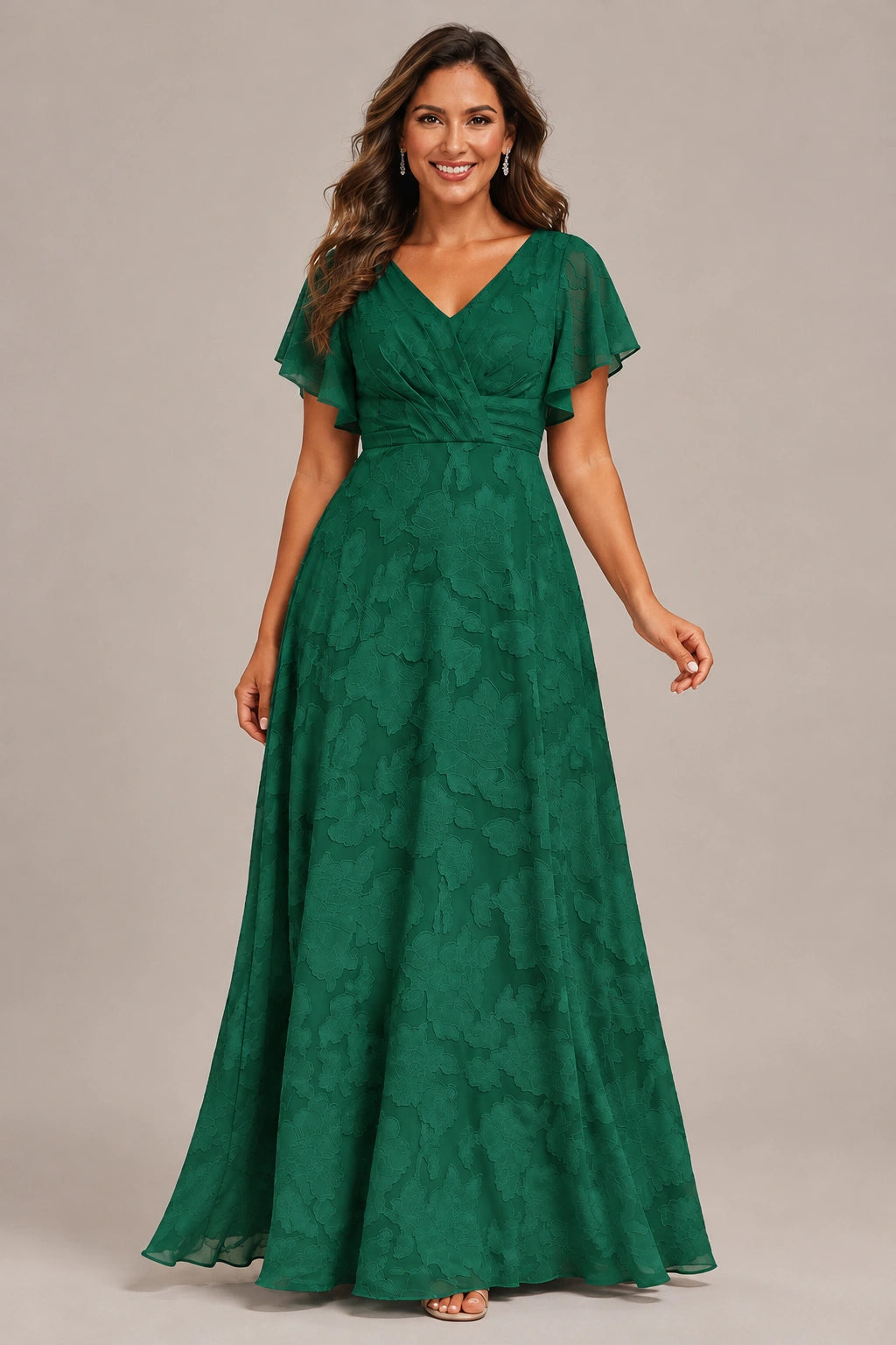 Jovellee Floral Chiffon A-Line Mother of the Bride Dress with Flutter Sleeves