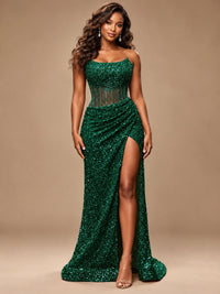 Gold Sequin Strapless Corset Prom Dress with High Slit