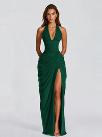 Ruched Halter Neck High-Slit Prom & Evening Dress