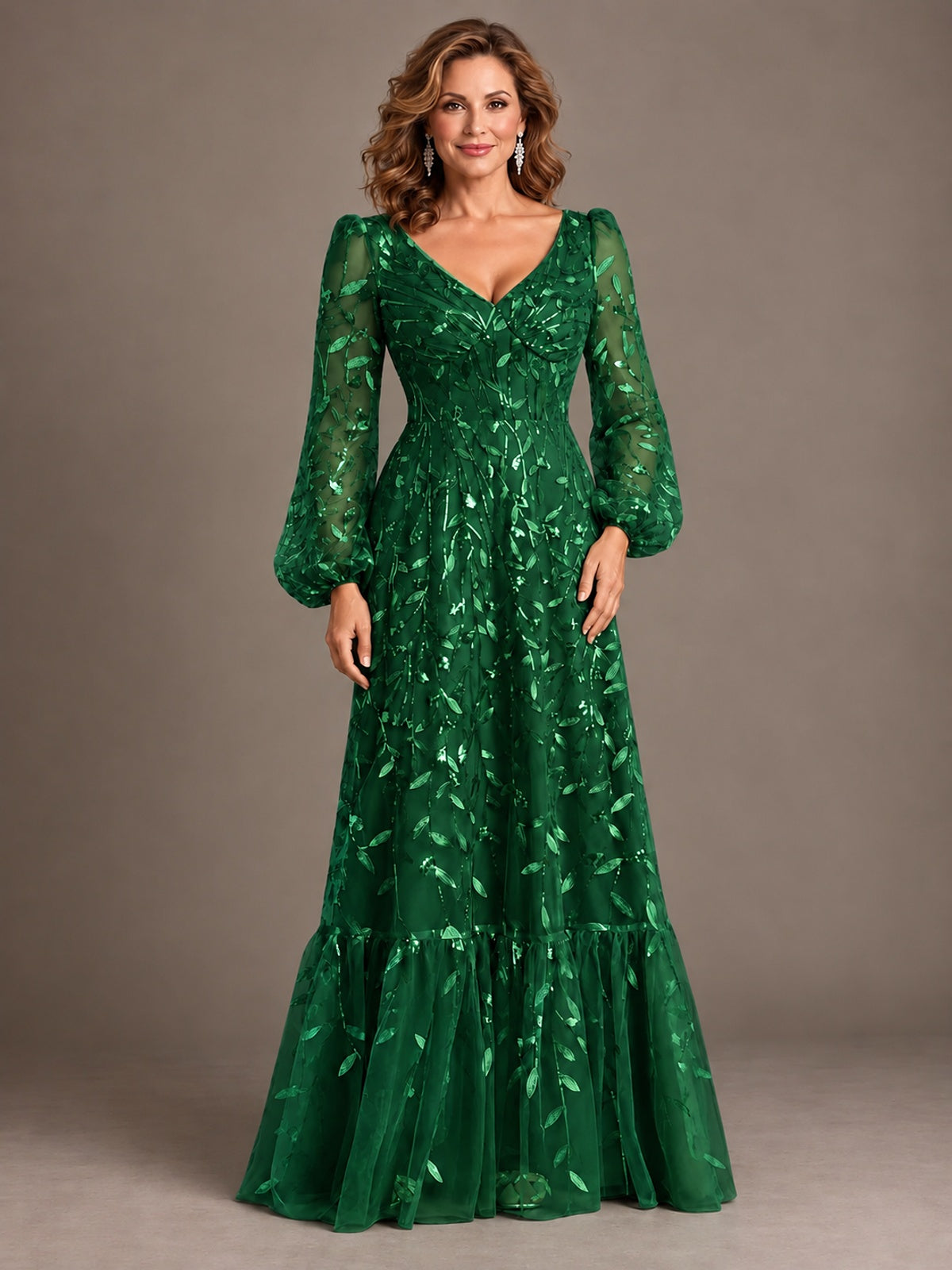 Floral Sequin Embroidered A-Line Mother of the Bride Dress with Long Sleeves