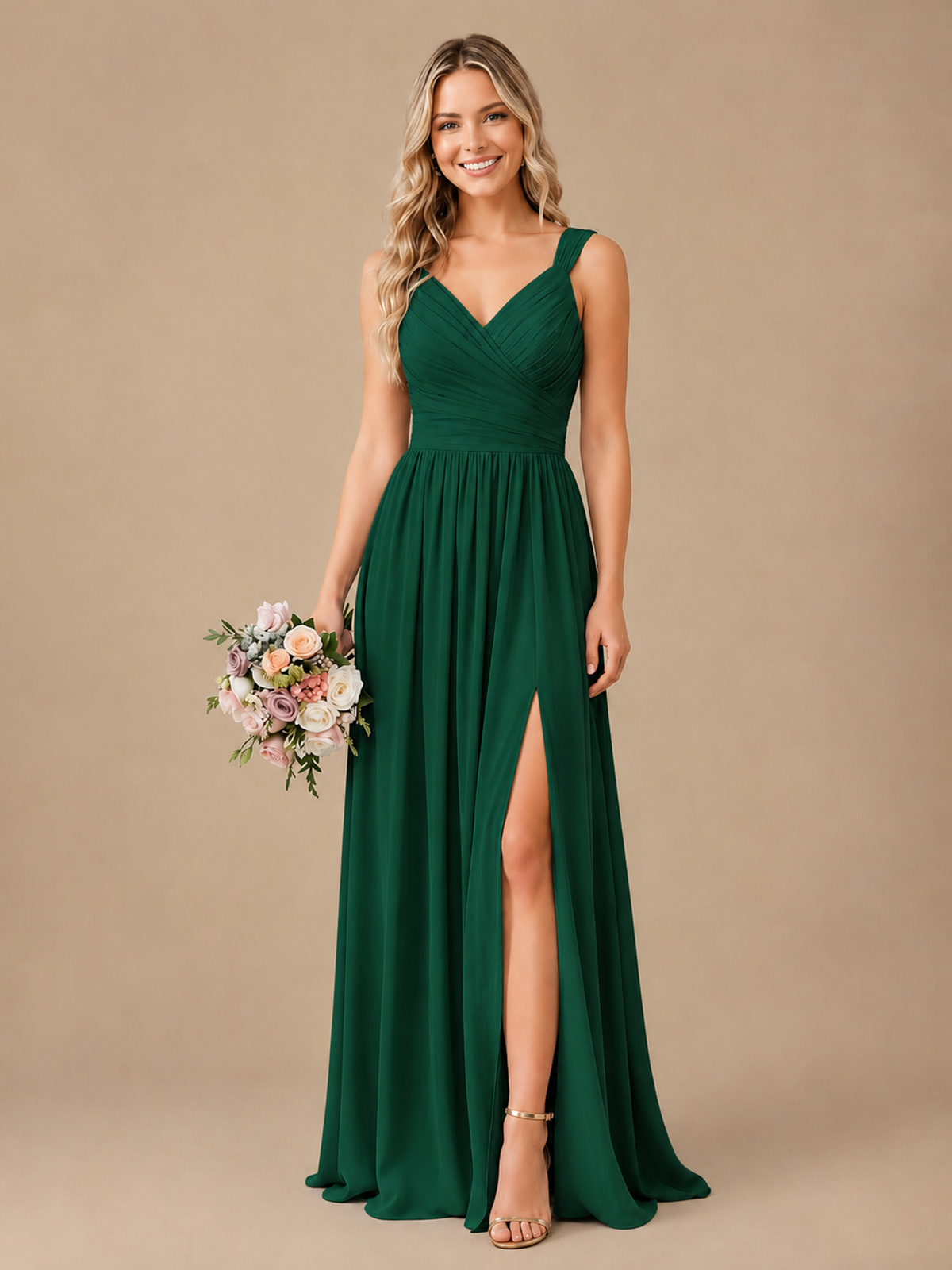 Pleated Chiffon V Neck Wedding Bridesmaid Dresses Floor Length with Slit